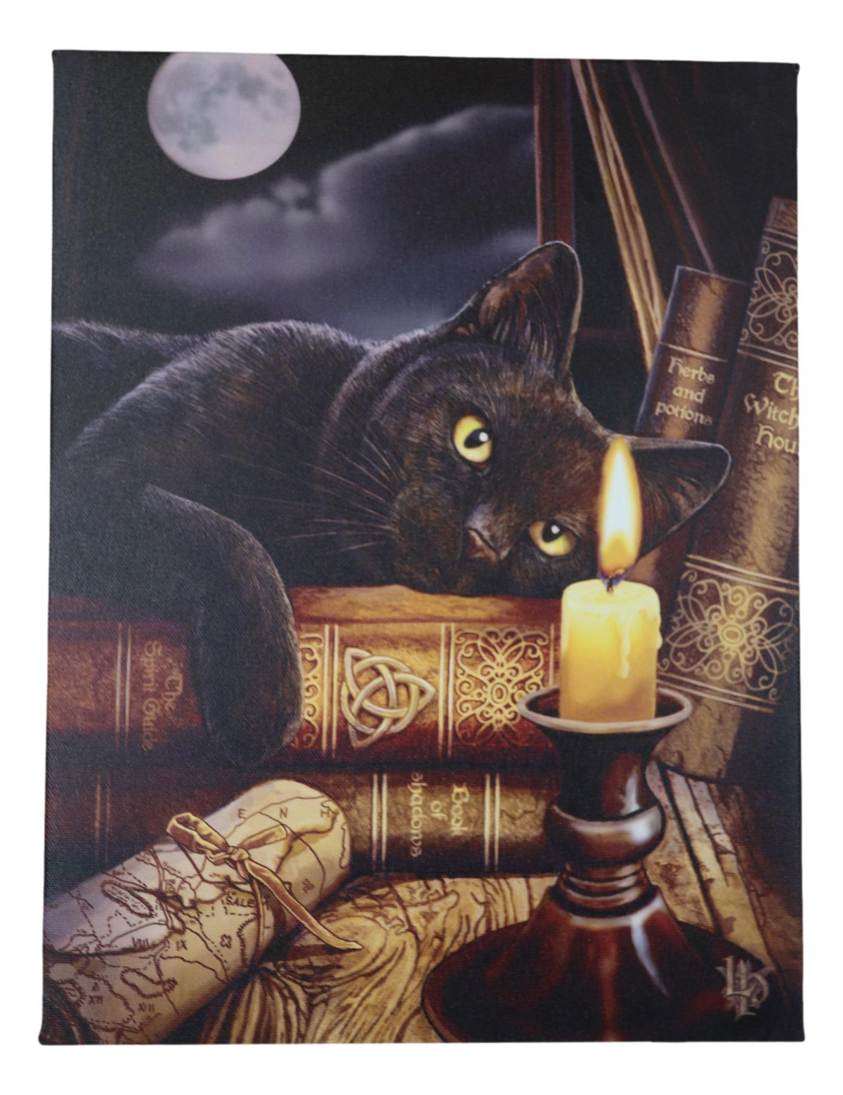 Witching Hour Black Cat By Candle And Spellbooks Wood Framed Canvas Wall Decor - Ebros Gift