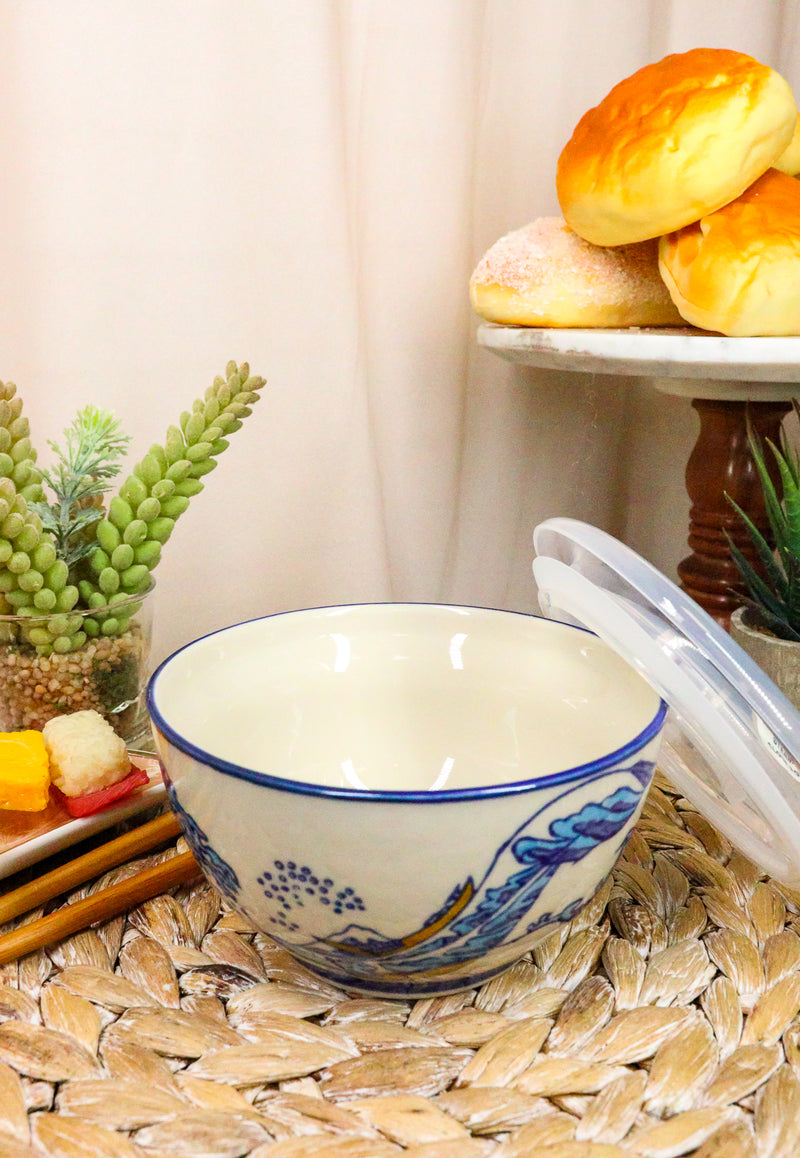 Ebros Set of 2 Ceramic Hokusai Great Wave Portion Meal Bowls 2 Cups W/ Airtight Lid