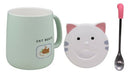 Set of 2 Pink & Green Drooling Cat Bento Porcelain Mug Cup With Spoon And Lid