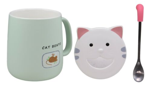 Set of 2 Pink & Green Drooling Cat Bento Porcelain Mug Cup With Spoon And Lid