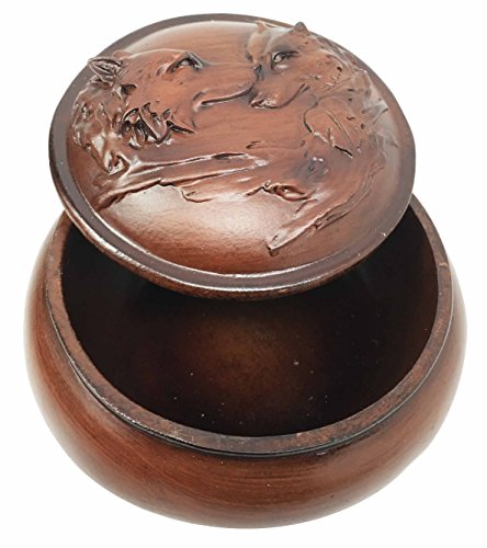 Ebros Faux Wood Resin Moon Lovers Wolf Couple Rounded Jewelry Trinket Box Figurine