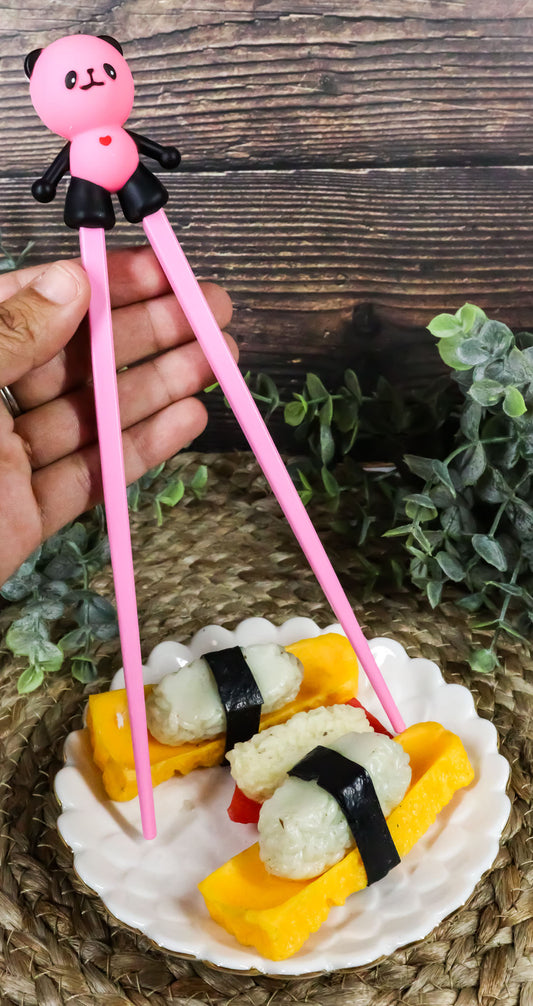 Hot Pink Love Giant Panda Reusable Training Chopsticks Set With Silicone Helper - Ebros Gift