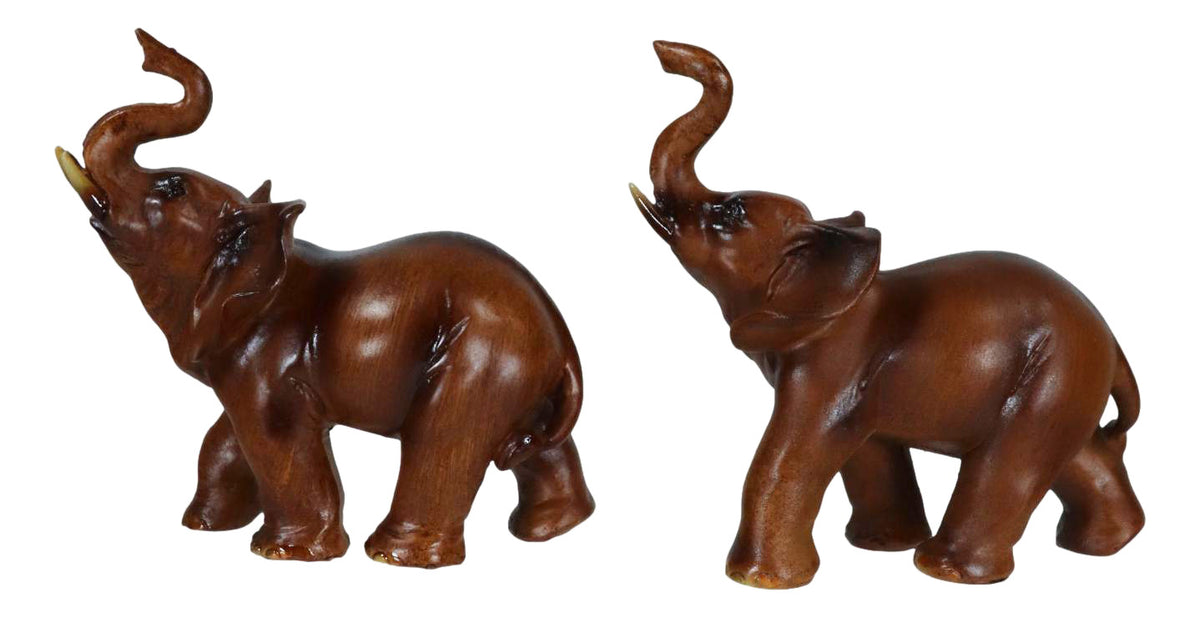 Ebros Faux Wood Feng Shui Elephant with Trunk Up Statue Set of 2 Thai Buddhism - Ebros Gift