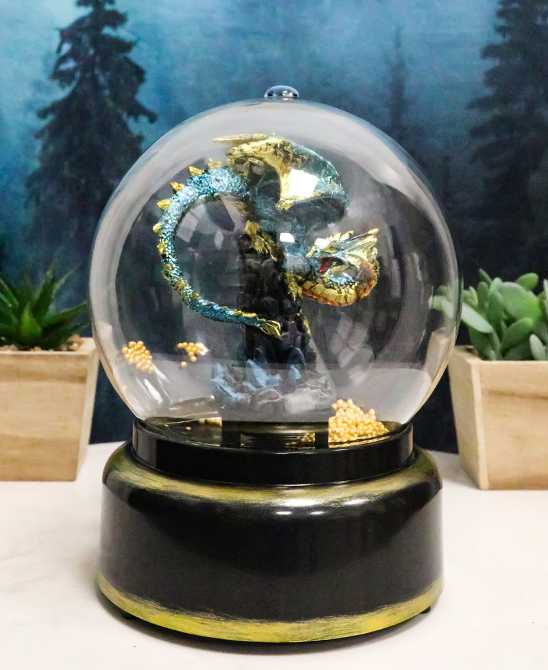 Aqua Blue Dragon On Rock Pillar Musical Air Powered Glitter Globe With LED Light