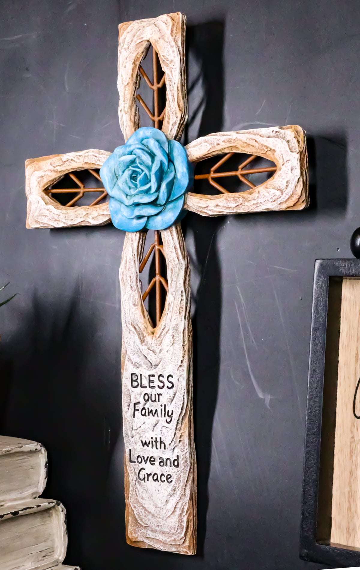 Rustic Aqua Blue Rose Flower Bless Our Family With Love And Grace Wall Cross