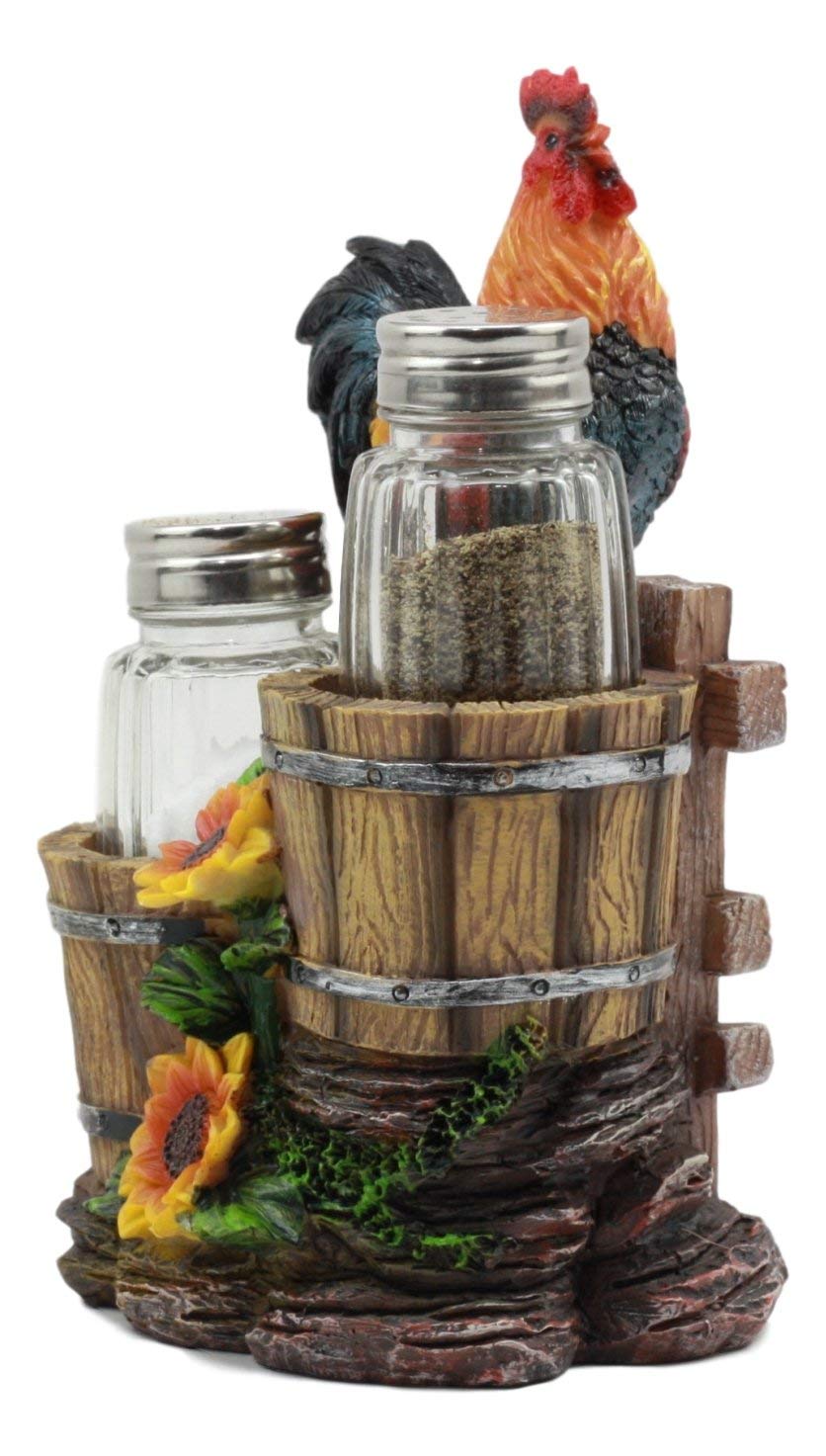 Ebros Sunflower Farm Crowing Rooster Standing On Fence By Old Fashioned Wooden Buckets Glass Salt And Pepper Shakers Holder Figurine 6.5"H Chicken Country Western Decorative Sculpture