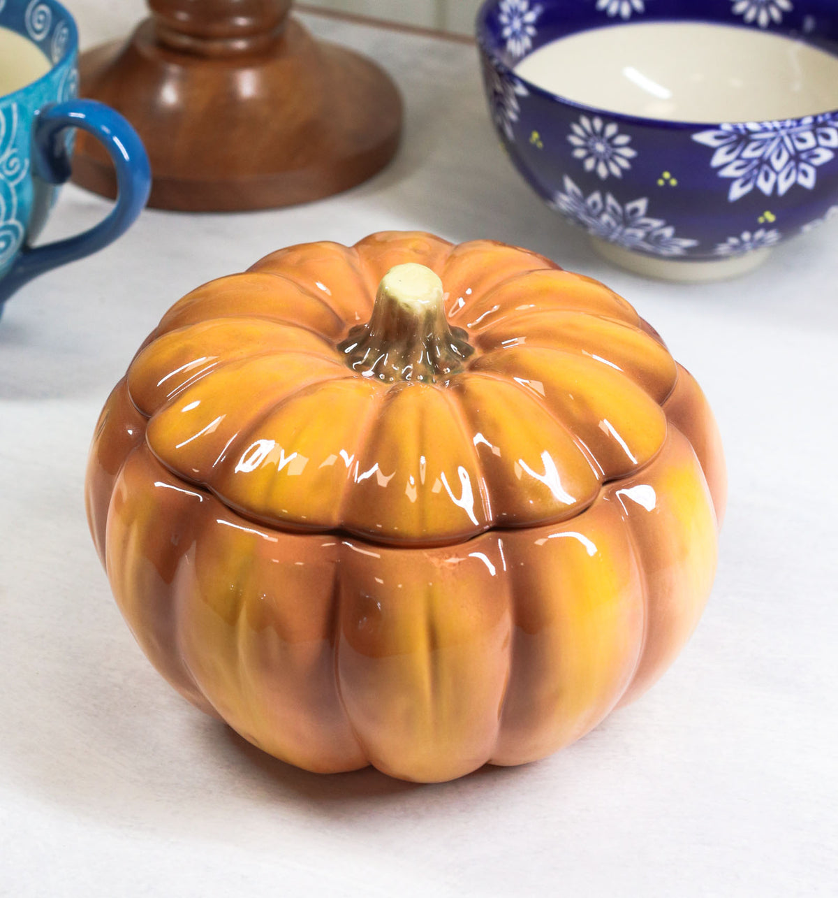 Ebros Home And Kitchen Orange Ceramic Pumpkin Soup Or Dessert Bowl With Lid Set of 6