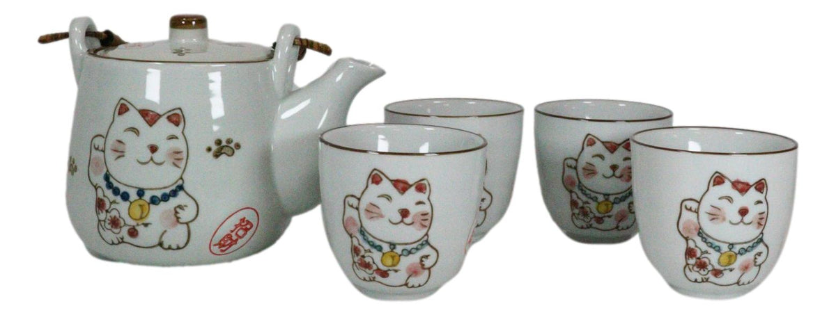 Japanese Maneki Neko Ceramic Tea Set Pot and Cups Lucky Charm Cat Serves 4