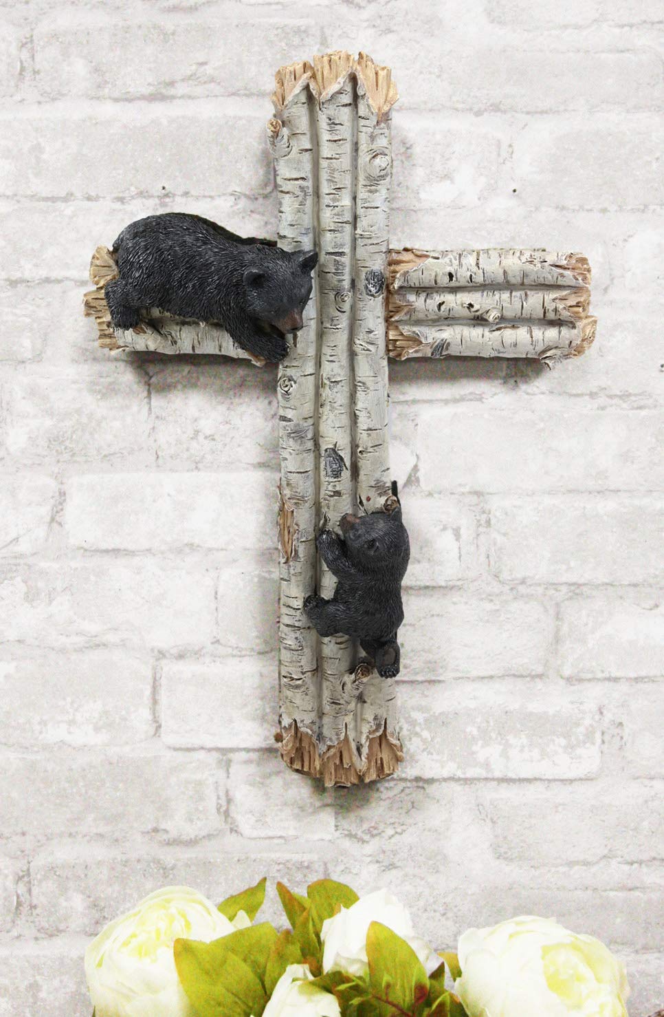 Ebros Gift 17" Tall Large Rustic Western 2 Playful Climbing Black Bears On Birch Tree Wall Cross Decor Hanging Sculpture Catholic Christian Country Bear Cubs Cabin Lodge Accent Decorative Crosses - Ebros Gift
