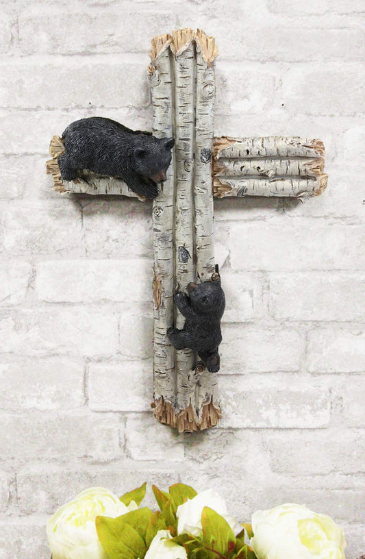 Ebros Gift 17" Tall Large Rustic Western 2 Playful Climbing Black Bears On Birch Tree Wall Cross Decor Hanging Sculpture Catholic Christian Country Bear Cubs Cabin Lodge Accent Decorative Crosses - Ebros Gift