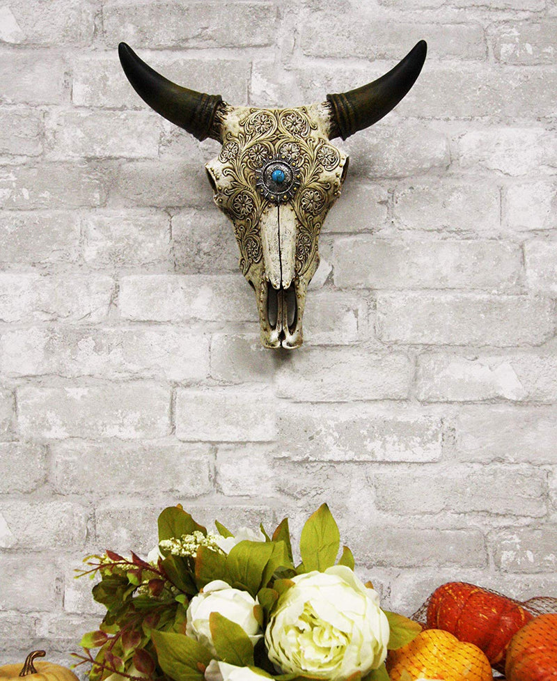 Ebros 11.5" Wide Southwest Steer Bison Buffalo Bull Cow Horned Skull Head with Lace Tooled Design and Turquoise Gem Hanging Wall Mount Flower Vase Decor - Ebros Gift