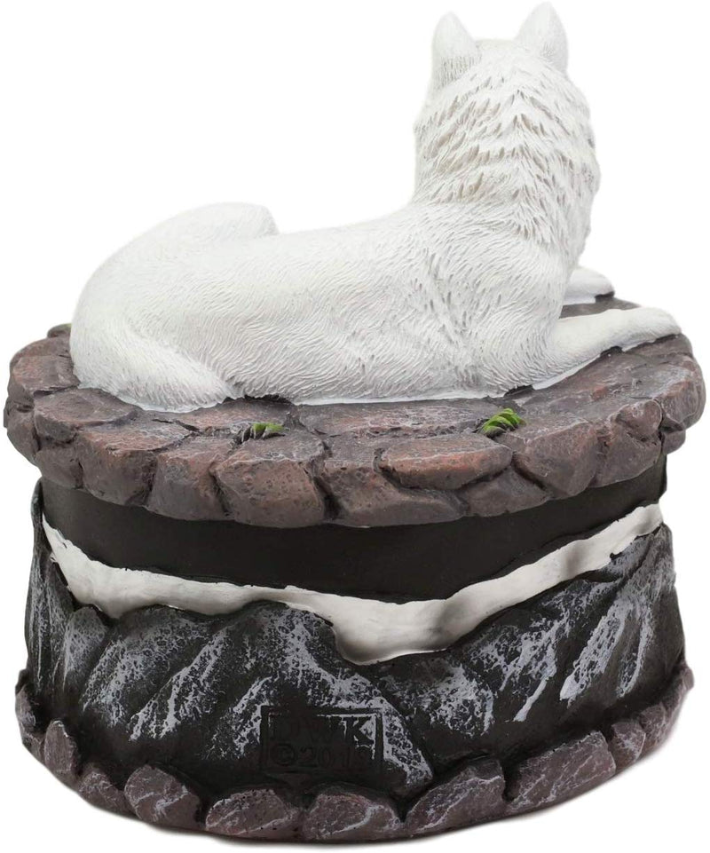 Ebros Albino White Wolf in Repose Round Jewelry Decorative Box 5.25" Diameter