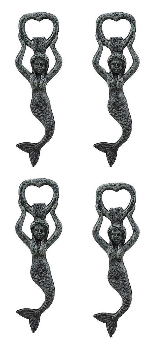 Ebros Rustic Vintage Verdigris Cast Iron Metal Nautical Coastal Goddess Siren Mermaid Soda Beer Bottle Cap Opener 7.5" High Mermaids Under The Sea Party Decor Accent (4)