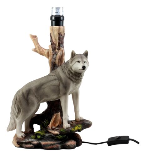 Ebros Denizen Of Twilight Lone Gray Wolf Table Lamp With Shade Decor Statue Set