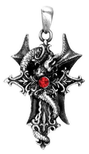 Medieval Gothic Dragon Serpent Excalibur Cross Pewter Pendant Necklace Jewelry