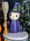 Lucky Skeleton In Witch Costume And Broomstick Standing By Black Cat Figurine