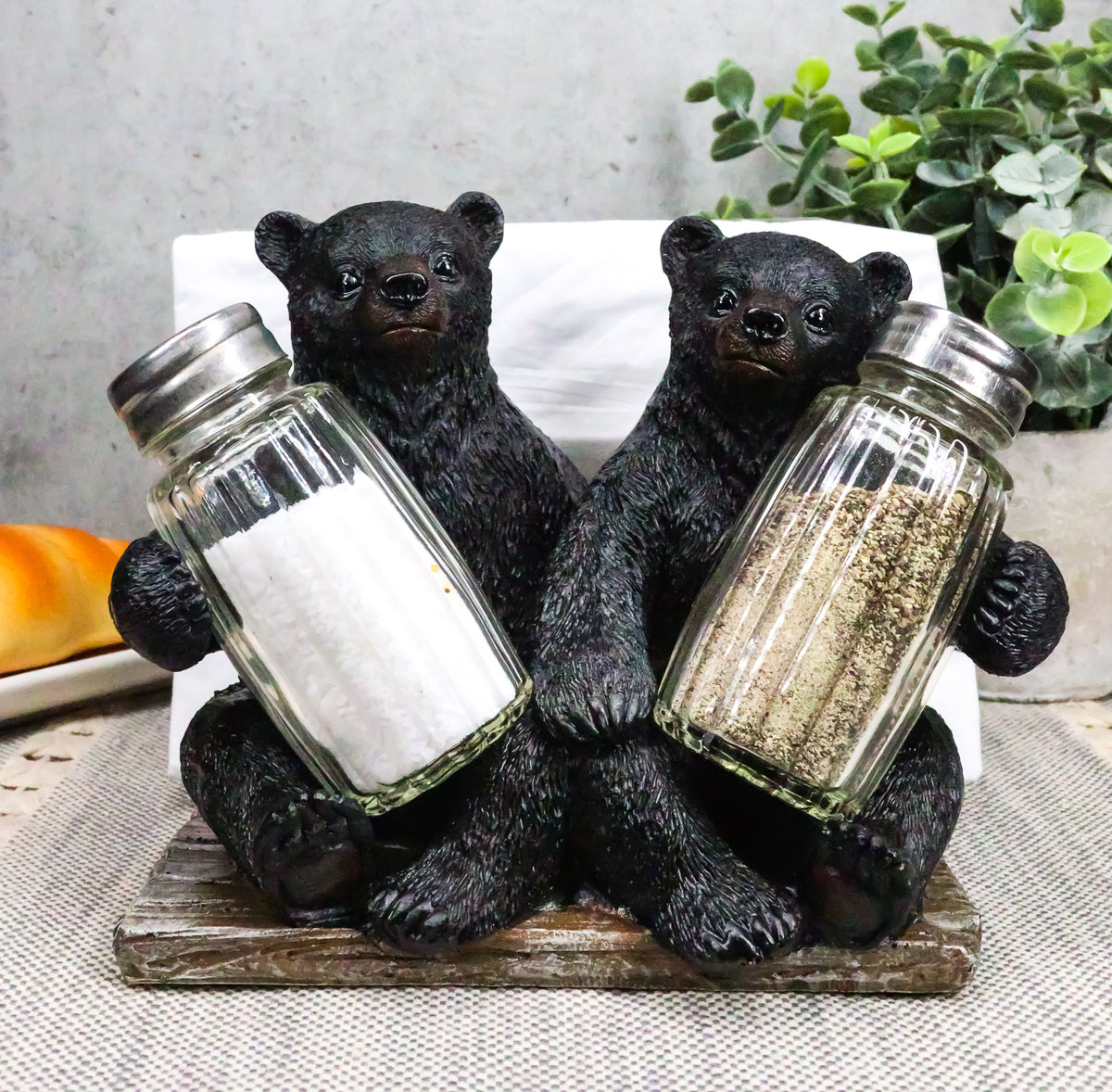 Ebros 6.25" W 2 Black Bear Cubs Sitting Napkin Holder & Salt Pepper Shakers - Ebros Gift