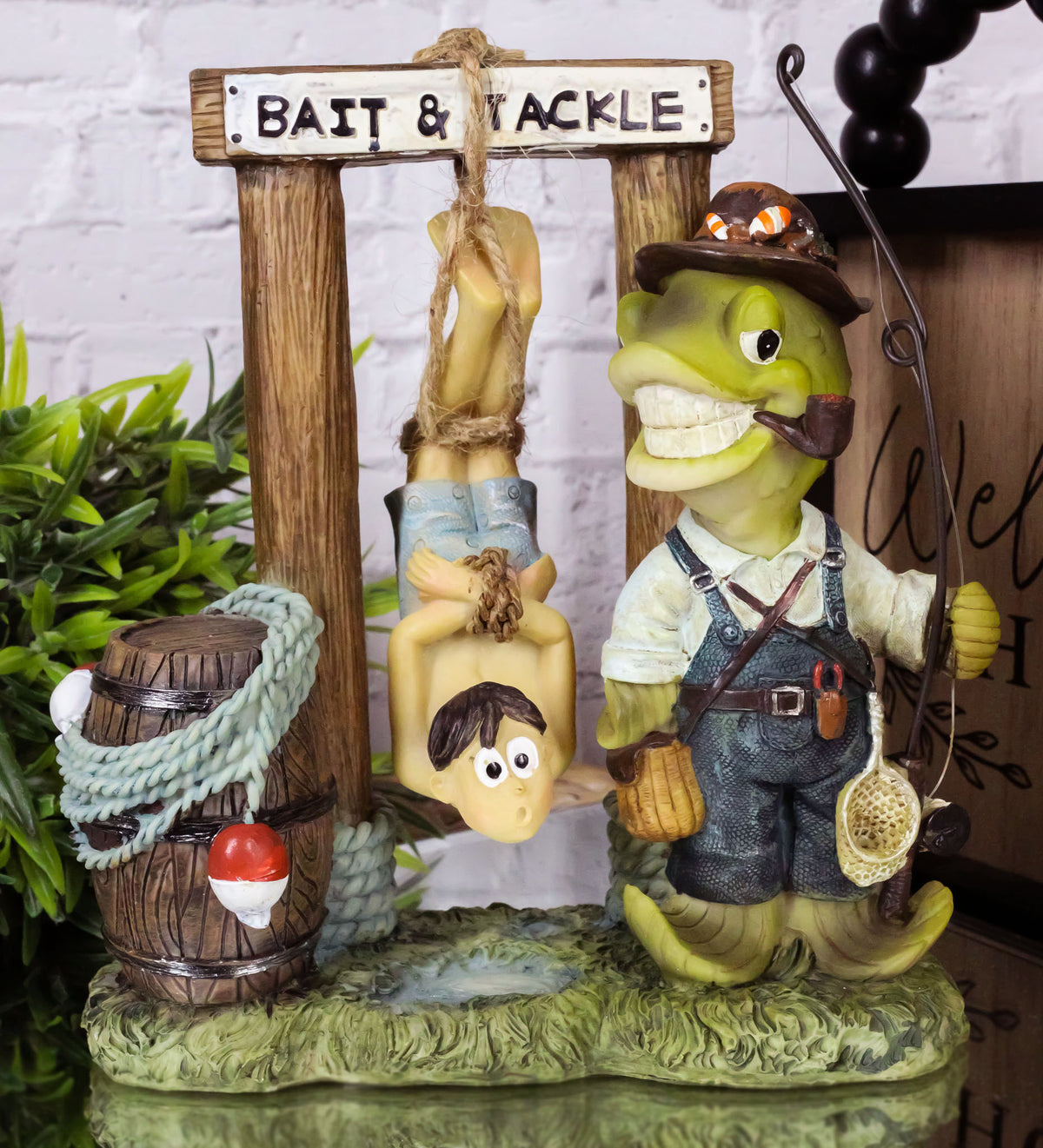 Bait And Tackle Wharf Sea Bass Fish With Fishing Pole Tied Up Fisherman Figurine - Ebros Gift