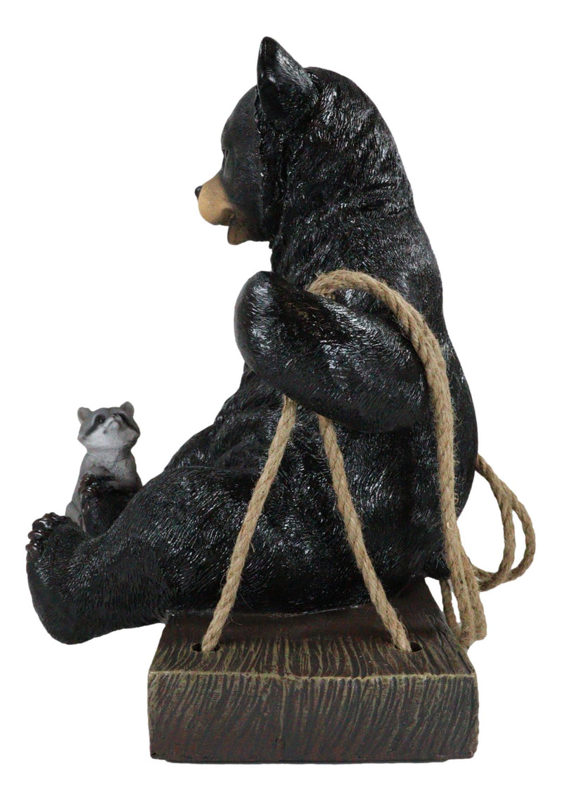 Large Swinging Black Bear With Buddy Raccoon Hanging Statue With Rope Ties 15"H