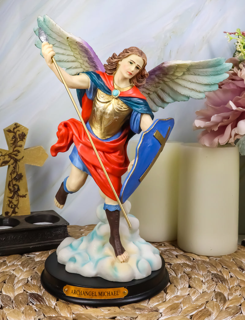 Ebros Colorful Archangel Saint Michael Throwing Javelin Spear Statue 10" Tall Champion Angel of God Guardian of The Church Battle of Armageddon Decor Altar Figurine