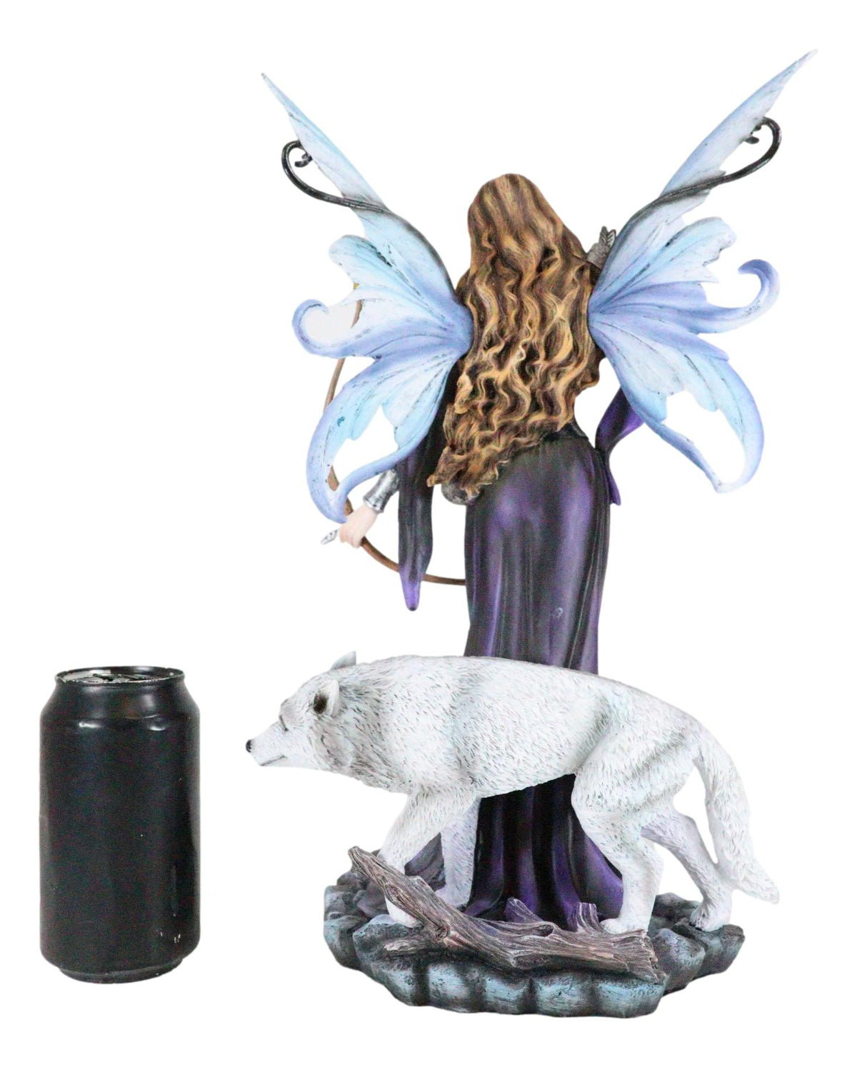 Moon Goddess Artemis Fairy with White Snow Wolf Drawing Bow and Arrow Statue