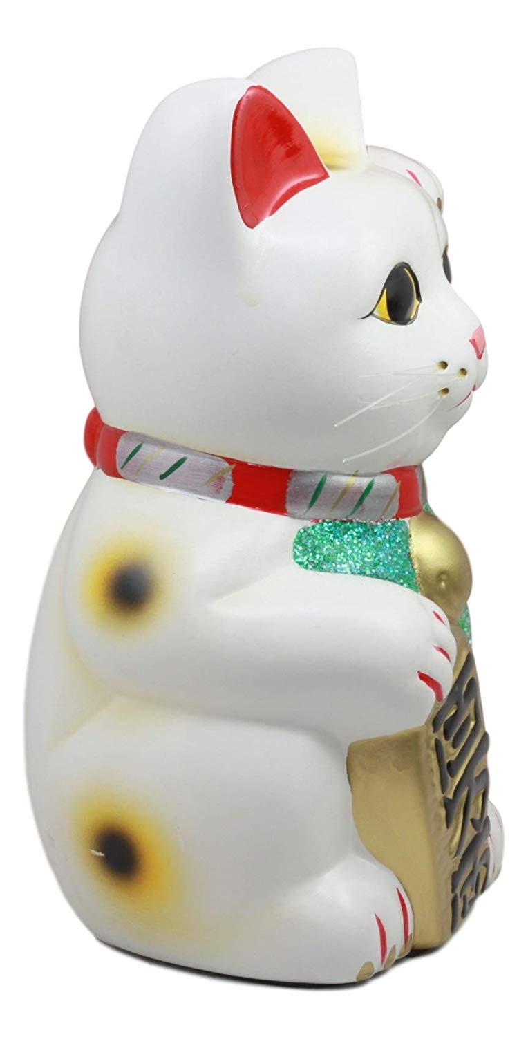 Ebros Japanese Luck and Fortune White Cat Maneki Neko Coin Bank Ceramic 9.5"H - Ebros Gift