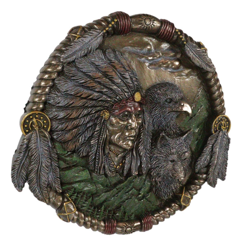 Indian Warrior Stoic Chief Wearing Headdress With Eagle and Wolf Wall Decor