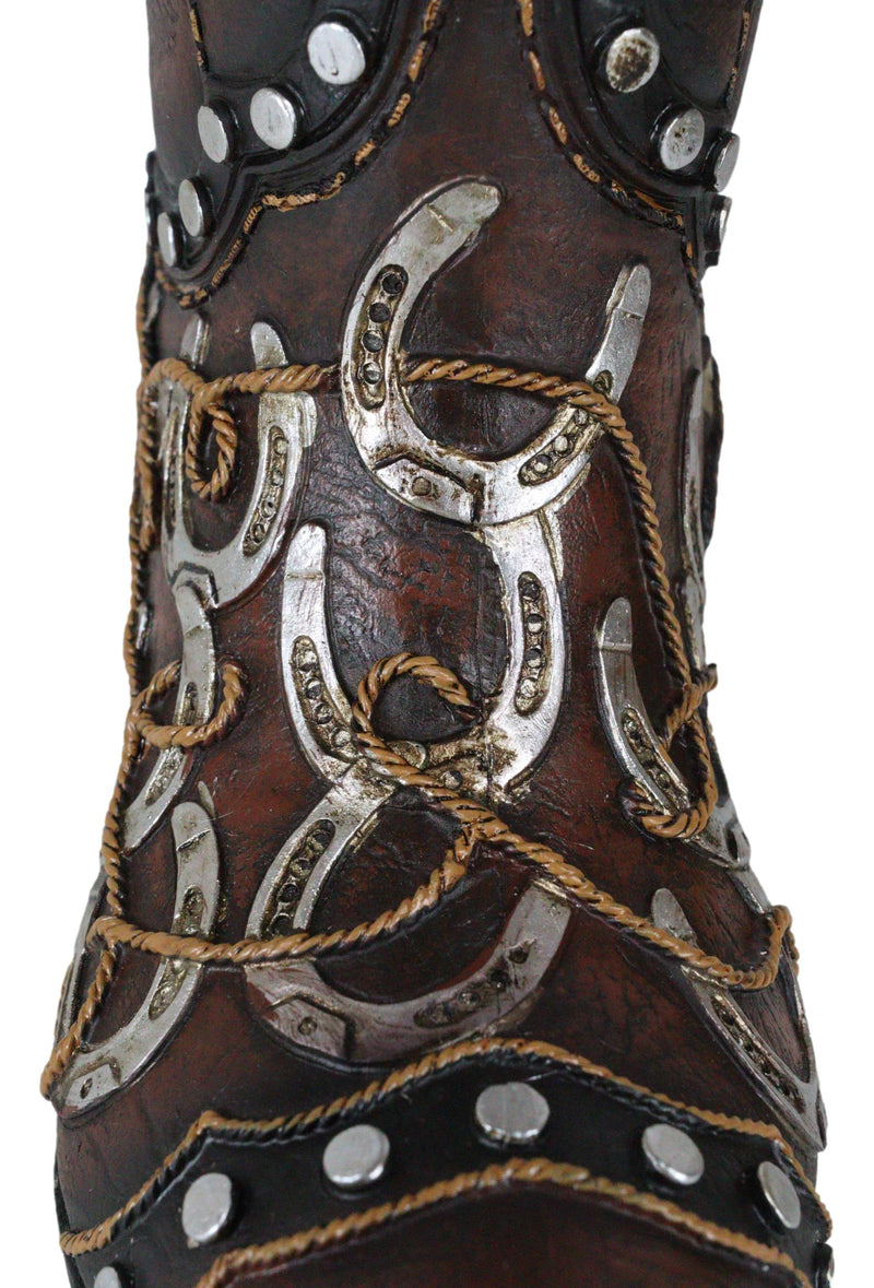 Rustic Western Running Horses Horseshoes And Cross Cowboy Boot Vase Sculpture