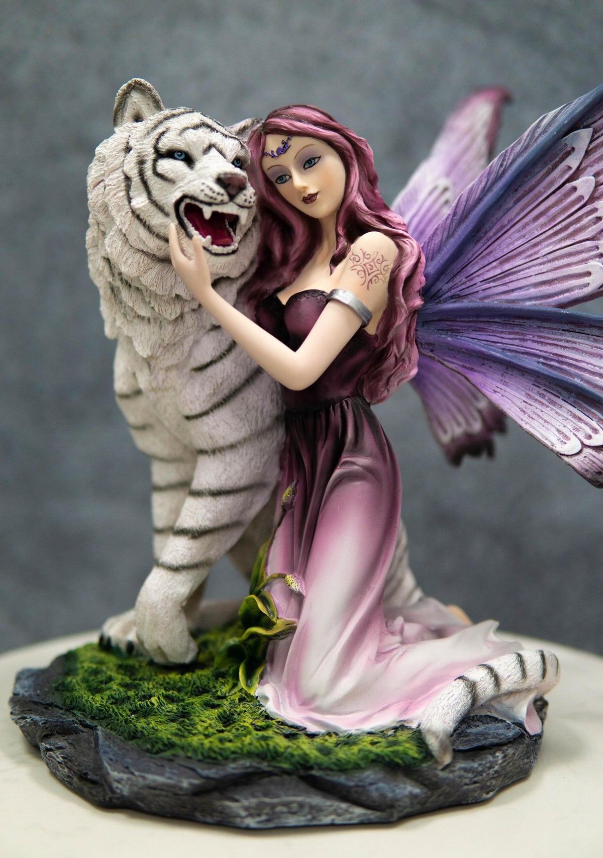 Large Lavender Fairy Embracing Siberian White Tiger Statue Fantasy Home Decor