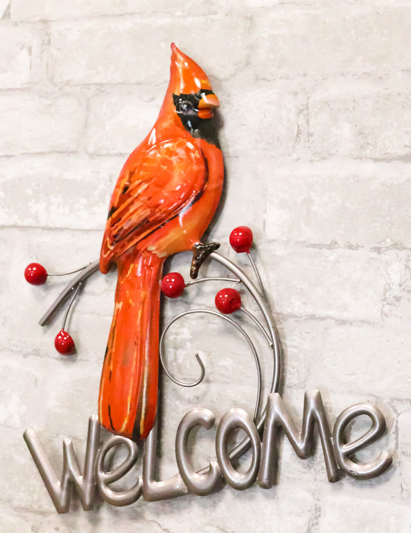 Rustic Country Red Cardinal Bird Perching On Branch Welcome Sign Wall Decor