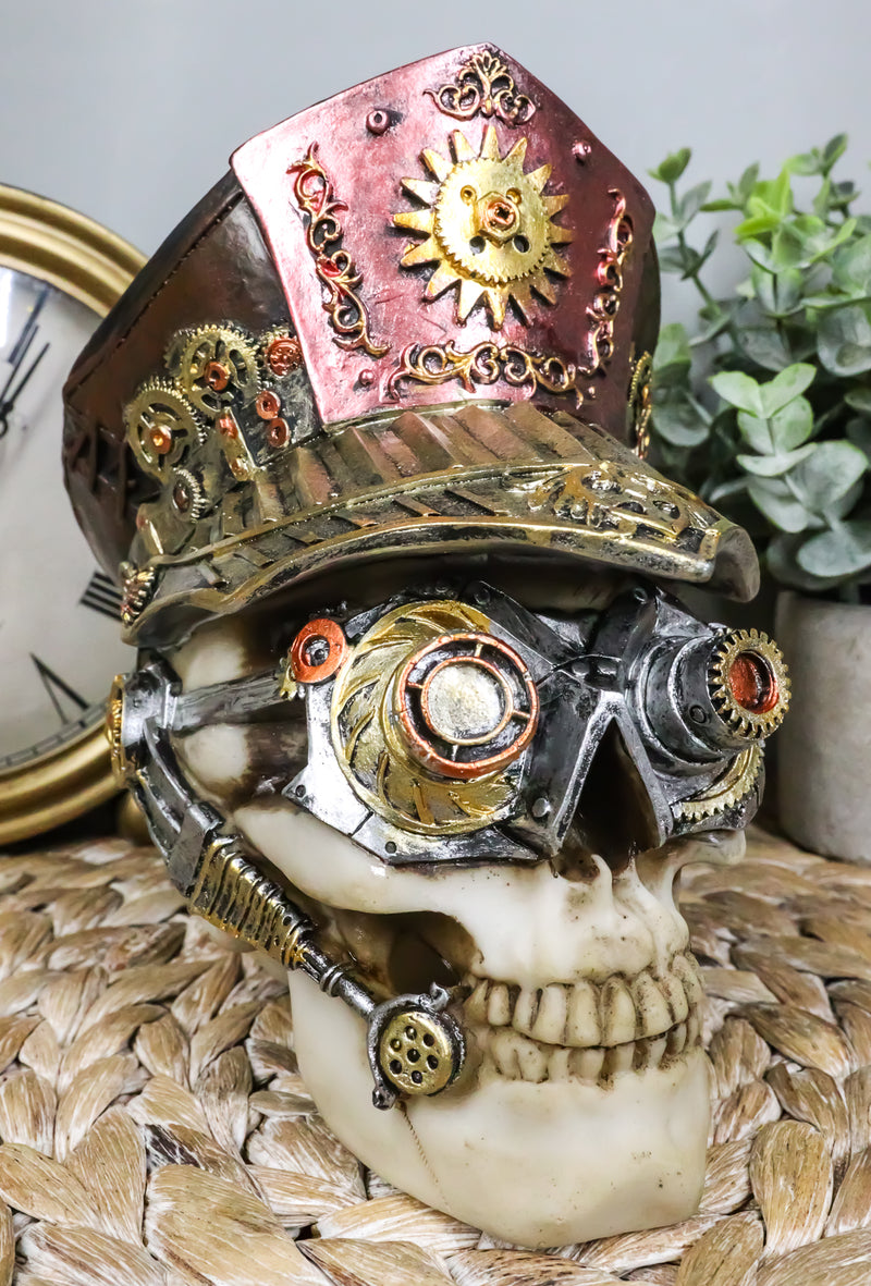 Steampunk Cyborg Police Inspector Officer Skull With Hat Geared Goggles Figurine