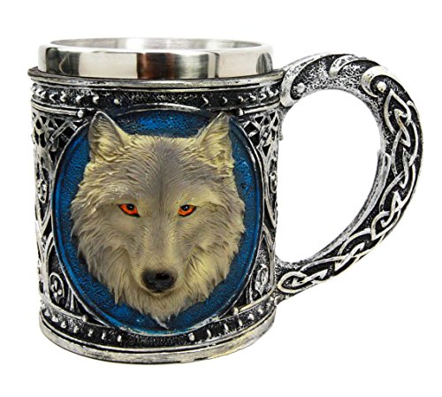 Ebros Alpha Gray Wolf Celtic Tribal Magic Resin 16oz Mug w/ Stainless Steel Rim - Ebros Gift