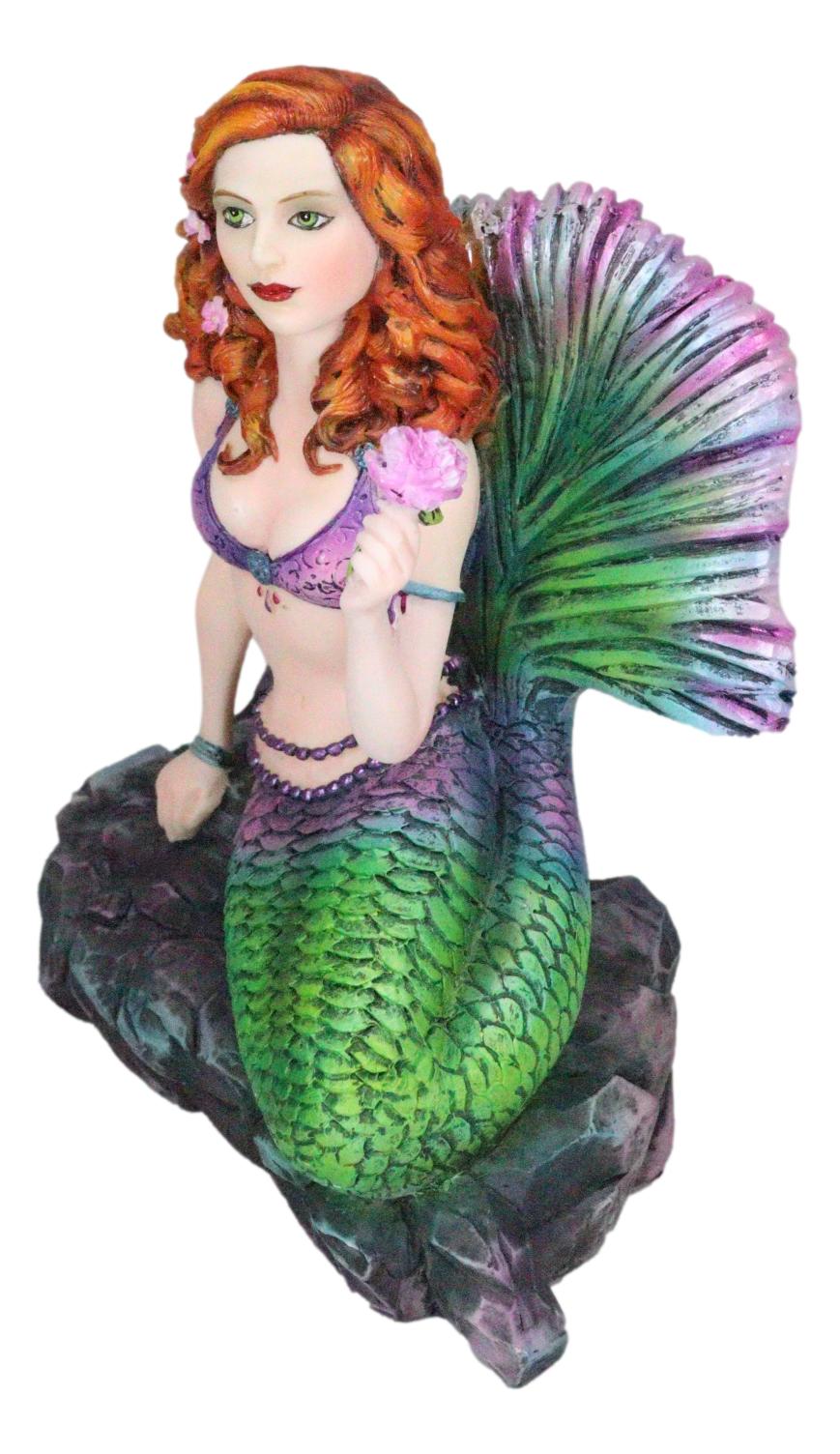 Ebros Gift Brigid Ashwood Fantasy Art Colorful Pastel Nautical Siren Mermaid Ocean Celtic Stone Holding Pink Rose Statue 6" Tall Sea Beach Princess Mermaids Decorative Accent Resin Figurine