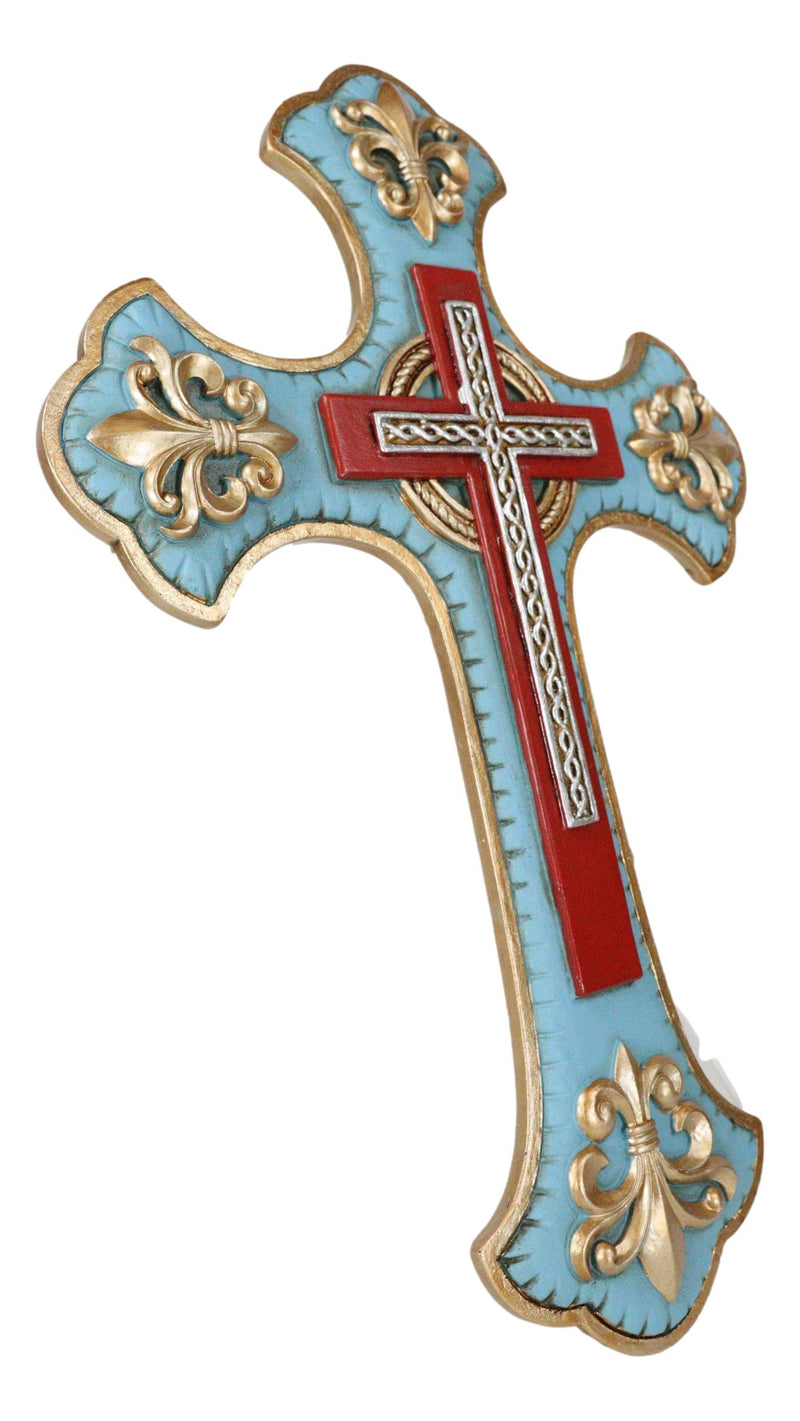 Southwestern Rich Turquoise Gold Tuscan French Fleur De Lis Wall Crucifix Cross