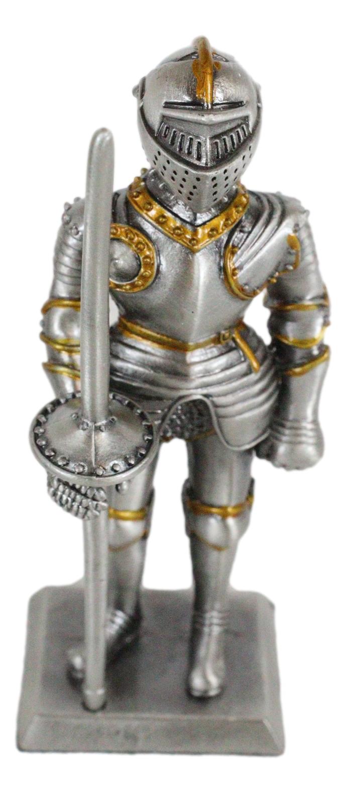Ebros Pewter English Knight Statue 4" H Medieval Suit Of Armor Knight With Javelin Pole-arm Pewter Figurine Collectible