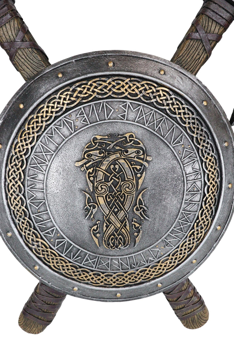 Norse Viking Warrior Shield Wall Plaque With Crossed Axes - 21" Resin Decor, Hand Painted