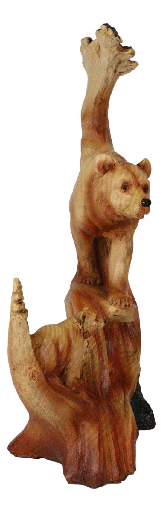 Rustic Faux Wood Forest Scene Grizzly Bear With Cub Hunting Figurine Collectible Sculpture