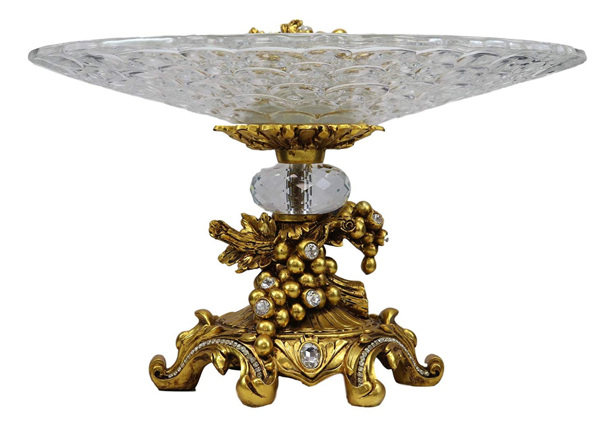 Ebros Gift Vintage Antique Baroque Design Large Crystal Glass Round Dish 16"Wide Dessert Platter Stand With Electroplated Gold Fruits And Grapes Themed Base Sculpture And Austrian Crystals Centerpiece - Ebros Gift