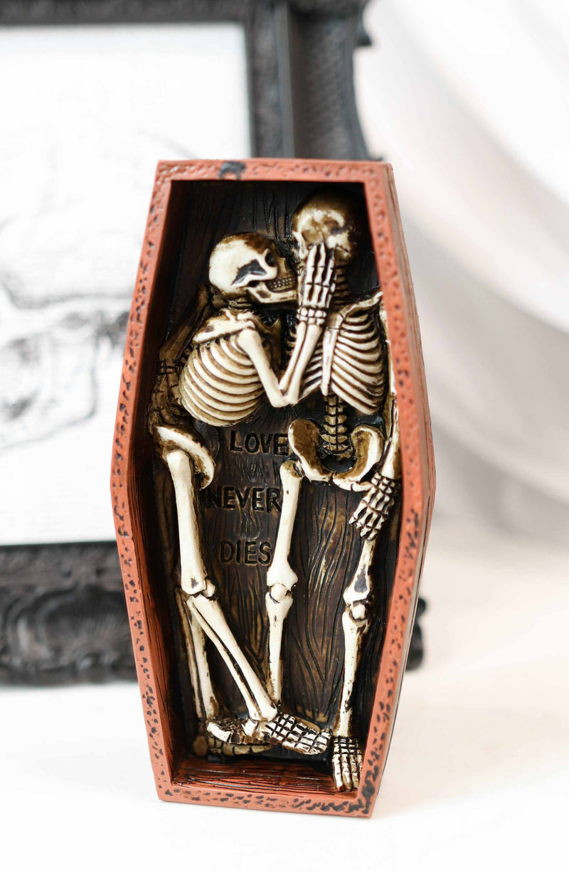 Love Never Dies Day Of The Dead Skeleton Couple Kissing Inside Coffin Statue