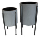Set of 2 Contemporary Urban Grey Cast Iron Cylindrical Planter Pots With Stand