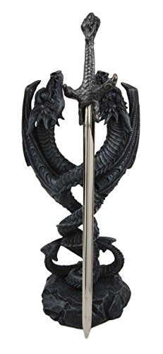 Ebros Gift Dual Spiralling Serpent Dragon Holding Excalibur Sword Letter Opener Figurine