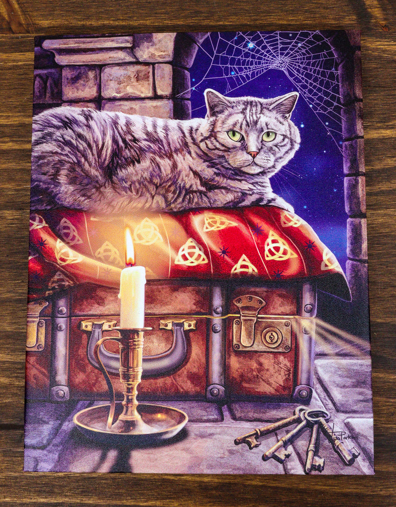 Wicca The Keeper of Secrets Cat by Candle And Keys Wood Framed Canvas Wall Decor