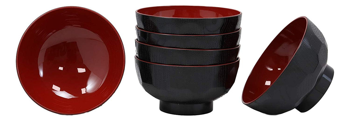 Ebros Gift Made In Japan Traditional Small Black Red Lacquer Copolymer Plastic Bowl For Rice Salad Miso Soup 4.5"Dia 6oz Japanese Restaurant Supply Bowls Home Kitchen (Dotted Ridged Pattern, 6)