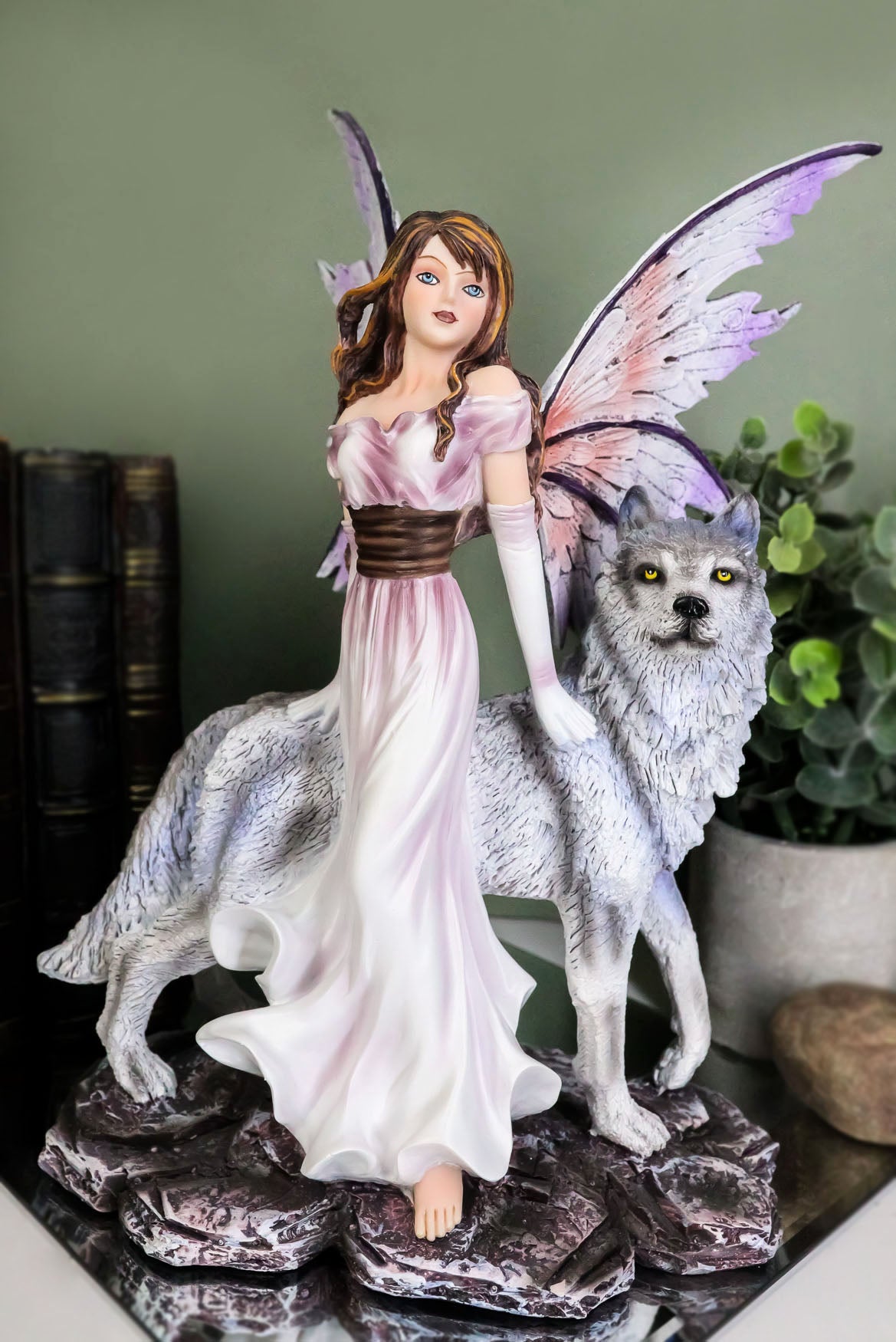 Ebros Purple Winged Fairy Diana with Alpha Snow Direwolf Wolf Statue 10" Tall