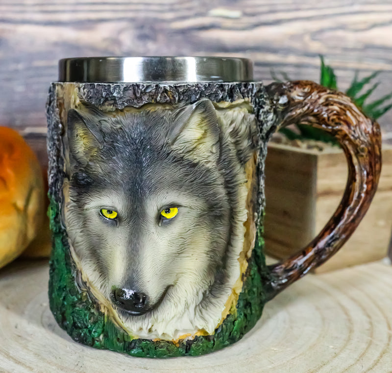 Woodland Animal Totem Spirit Gray Wolf Mug Textured With Rustic Tree Bark Design