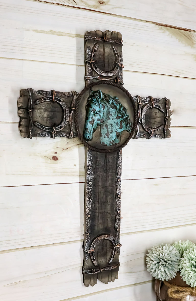 Rustic Western Lucky Horseshoes Turquoise Horse Barbed Wires Wall Cross Decor