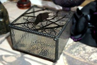 Gothic Silhouette Raven Glass Jewelry Box 4"W Haunted Crow On Tree Branch Box