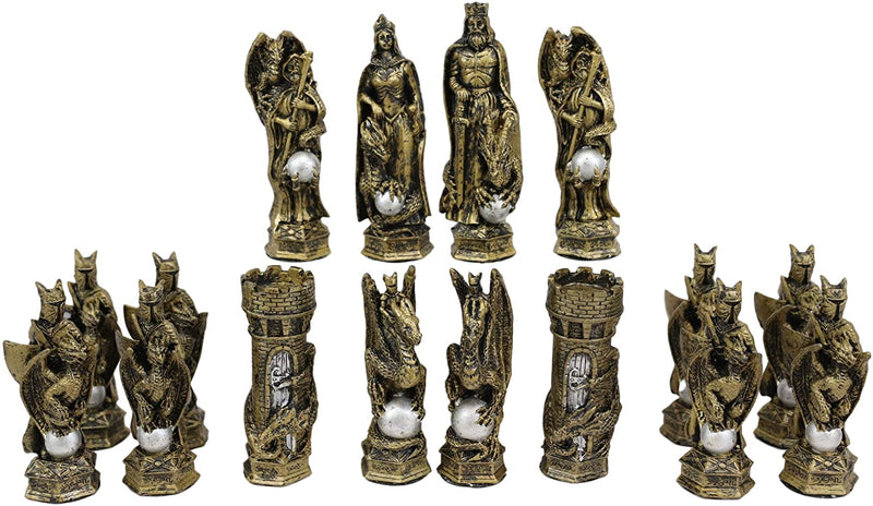 Ebros Silver and Gold King Arthur Merlin Dragons Chess Pieces with Board Set