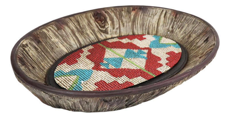 Rustic Western Turquoise Aztec Pattern Faux Wood Organizer Bowl Tray Basket