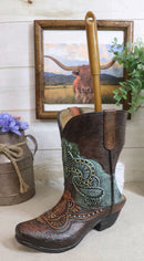 Western Turquoise Floral Tooled Leather Cowboy Boot Toilet Brush And Holder Set
